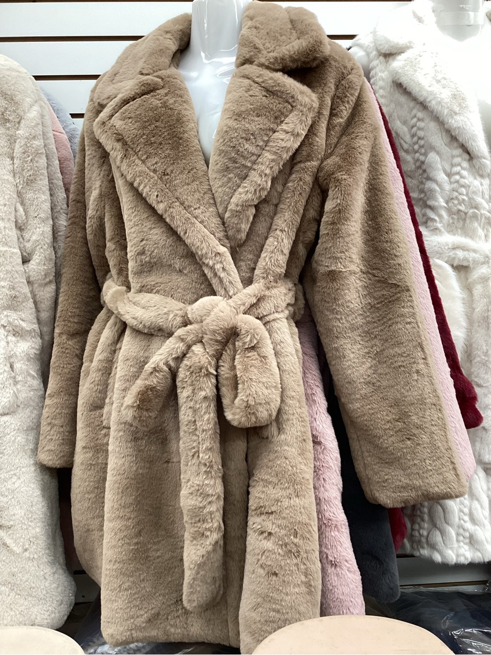 Plush Faux Fur Belted Coat in Taupe